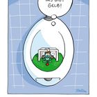 Sprechblase: "Ich glaub, das gibt Gelb!" Cartoon eines Torwarts im Urinal. Kalenderblatt: Freitag, 25. Juni.