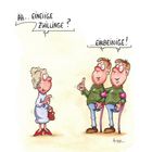 Frau fragt: "Äh... eineiige Zwillinge?" Zwei Männer antworten: "...einbeinige!" Beide tragen Krücken. Zeichnung mit Humor.
