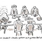 "Krank zur Arbeit: Chefs gehen mit gutem Beispiel voran." Zeichnung einer Besprechung, eine Person mit Schnupfen unter einer Decke.