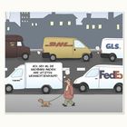 Text auf Van: "ACH, SIEH AN, DIE NACHBARN MACHEN IHRE LETZTEN WEIHNACHTSEINKÄUFE!" Illustration mit Lieferfahrzeugen.