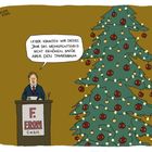 Person am Rednerpult mit Schild "F. Fron G.m.b.H." sagt, sie konnten das Weihnachtsgeld nicht erhöhen, nur den Tannenbaum.