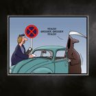 Illustration: Ein Strafzettel wird verteilt, während der Tod, mit Sense, „Fehler! Großer, großer Fehler!“ ruft.