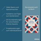 Links stehen diese Texte: "Häkel-Basics und Spezialmaschen", "Farblehre und Tipps zum Kombinieren", "20 Grundanleitungen für verschiedene Granny Squares", "Projektanleitungen zum Individualisieren". Rechts daneben ist ein Buch mit dem Titel "Mix & Match Granny Squares" und Muster in Rot und Blau.