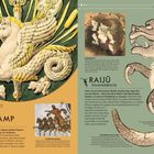 Rechts oben: "Raijū sollen vom Blitz getroffene Bäume mit ihren Klauen gespaltet haben." Links: geflügeltes Pferd, rechts: drachenähnliches Wesen.