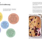 Vorteile einer proteinreichen Ernährung. Links Text in bunten Kreisen. Rechts Auflauf mit Beeren und Löffeln.