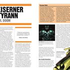 Titel: "EISERNER TYRANN DR. DOOM". Artikel über Victor von Doom mit Abschnitten über seine Herkunft, Fähigkeiten und Ziele. Darstellung als mächtiger, maskierter Bösewicht.