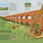 "WASSER FÜR ALLE" beschreibt römische Aquädukt-Techniken. Eine Illustration zeigt Bauarbeiter und Kran an einem Aquädukt.