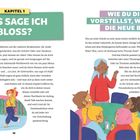 Kapitel 1: "Was sage ich bloß?" Bild: Mädchen winkt einem Jungen, Illustration von Freunden am Tisch.