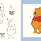 Links Skizzen mit Text "Puhs Pfoten sind einfach: höchstens ein Daumen." Rechts fertige Zeichnung eines Bären.