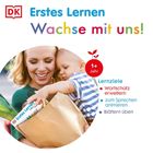 "Erstes Lernen, Wachse mit uns!" stehen groß in bunten Farben. Eine Frau hält ein Kind und eine Papiertüte mit Lauch.