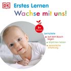 Erstes Lernen. Wachse mit uns! 3+ Monate. Lernziele: auf dem Bauch liegen, Köpfchen heben, sensorische Erfahrung. Baby lächelt.
