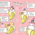 Texte beschreiben die "Bananya Band" mit Katzen in Bananen, die Instrumente spielen, auf einem rosa Hintergrund.