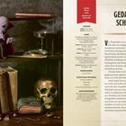 **GEDANKENSCHINDER:** Anleitung, Materialien, Häkelgarne, Geschichte. Links: Regal mit Büchern, Schädel, Häkelfigur.