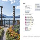 Inhalt mit Seitenzahlen. Links ein Garten mit Blumen, zwei gewundene Säulen, ein dekoratives Tor, dahinter ein See und Berge.