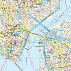 Linke Seite: Die Brooklyn Bridge mit Menschen; rechte Seite: Inhaltsverzeichnis und Karte von New York.