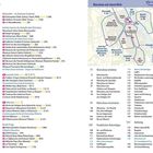 "Inhalt", eine Liste von Sehenswürdigkeiten und Themen in Warschau mit dazugehörigen Seitenzahlen und Symbolen. Rechts eine Karte mit farbigen Markierungen der Stadtteile.