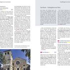 „Cattedrale di San Giusto“ in orange und „Foro Romano“ in gelb, beide mit Symbolen versehen. Text über Schutzpatronen und Bauwerke.
