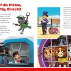 "Auf die Plätze, fertig, Einsatz!" Rocky mit Werkzeug; Bürgermeister mit Kätzchen in pinkem Automobil, Ryder und Rocky in Werkstatt.