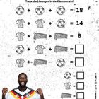 Finde heraus, welches Symbol für welche Zahl steht. Trage die Lösungen in die Kästchen ein! Fußball-, Trikot- und Tor-Symbole. Ein jubelnder Spieler.