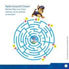 "Ryder braucht Chase! Welchen Weg muss Chase nehmen, um zur Zentrale zu kommen?" Ein Hund in Uniform neben einem Labyrinth.