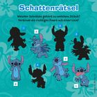 "Schattenrätsel: Welcher Schatten gehört zu welchem Stitch?" zeigt Charaktere und ihre Schatten zum Verbinden auf türkisem Hintergrund.