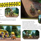 „Die Crew baut eine Seilrutsche“ steht oben. Rangerin Rose und Tiere im Wildpark, darunter Erkundung und Spinnenbegegnung.