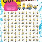 "Gut versteckt! Suche die vier oben abgebildeten Minions in genau der gleichen Reihenfolge im Raster und kreise sie ein!" 

Illustration mit Minions und Raster, blau-weißer Hintergrund.