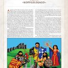 2. KAPITEL „KOPFGELDJAGD“. Eine Illustration zeigt drei mittelalterliche Figuren: Ritter, Barbar, Magierin vor einer Burg.