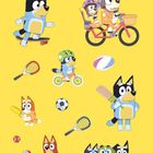 Illustration mit Cartoon-Hunden beim Sport: Radfahren, Skateboarden, Tennis, Cricket und Fußbälle auf gelbem Hintergrund.