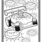 Illustration eines Donut-Rennwagens mit Fahrer. Donuts umgeben den Wagen, alle mit Strahlen verziert. Rahmen im Zickzackmuster.