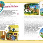 "Tina in Gefahr" oben. Zwei Männer reden über seltsame Vorkommnisse auf Schloss Falkenstein. Illustration von Mädchen auf Pferden.
