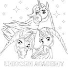 „UNICORN ACADEMY“ steht unter drei illustrierten Einhörnern mit detaillierten Mähnen, umgeben von funkelnden Sternen.