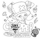 "Tony Tony Chopper The Doctor" in großen Buchstaben. Zeichnung eines süßen, lächelnden Wesens mit Hut und Geweih.