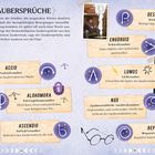 ZAUBERSPRÜCHE: Enthält Zauber wie "Accio" (Aufrufezauber) und "Lumos" (Lichtzauber). Jeder Spruch ist erklärt. Illustration.