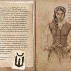 Handschriftliche Texte auf gealtertem Papier und eine Bleistiftzeichnung einer entschlossenen Frau mit Zopf und Weste.