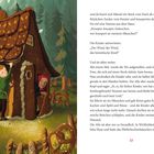 Text: „Knusper, knusper, knäuschen, wer knuspert an meinem Häuschen?“
Illustration: Zwei Kinder essen an einem Haus aus Lebkuchen. Eine alte Frau schaut aus der Tür.