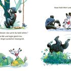 „Na gut“, sagte Bär. Hase hielt Wort. Bär lief weg. Illustration von Bär, Hase, Biene und Spinne in waldähnlicher Umgebung.