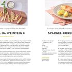 "Spargel im Weinteig": Dünn frittierter Spargel auf Holzbrett neben Dip. "Spargel-Cordon-Bleu": Panierter Spargel auf Teller mit Kartoffeln.