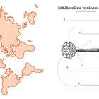 „Schlüssel zu meinem Herzen. So hast du ihn verloren.“ Links Weltkarte, rechts aufwendig verzierter Schlüssel mit Beschriftungen.
