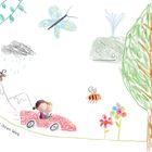 „Und so finden sie wieder ihren Weg.“ Buntes Kinderbild mit Tieren, Bäumen, Blumen und einem roten Auto.