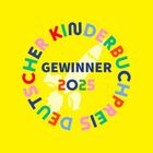 "GEWINNER 2025" in der Mitte eines bunten Kreistextes "DEUTSCHER KINDERBUCHPREIS". Hintergrund gelb, Illustration eines Raketenschwanzes.