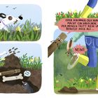 Text: "ODER EIN HUND FINDET UND...", "VERBUDDELT MICH!", "ODER SCHLIMMER: DER HUND MACHT EIN HÄUFCHEN,", "NEIN!!", "SPRICH ES NICHT AUS!" 

Eine bunte Illustration zeigt einen Hund beim Graben und eine Person mit einem Stock und Gummistiefeln.