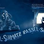 „Hilfeeeeeee!“, ruft Papafant. Elefant hält Baby-Elefanten, gruselige Figur am Fenster, bläuliche Farbgestaltung.
