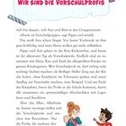 WIR SIND DIE VORSCHULPROFIS. Text erzählt von Kindern in einer Vorschulgruppe, mit Zeichnung eines Mädchens und Jungen am Tisch.