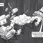 Illustration: Zwei humanoide Roboter beim Picknick, im freien Fall. Ein Roboter fragt "Zufrieden?", der andere antwortet begeistert.