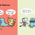 Zwei Panels mit Cartoon-Tieren. Links: "Steht das Z jetzt vor dem W?" Rechts: "Hast du Lust, dabei zu sein?" "Absolut nicht, Freunde, nein!"