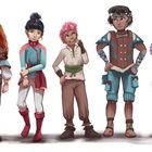 Illustration von fünf jungen Abenteurer*innen in fantasievoller Kleidung und unterschiedlichen Posen.