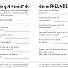 Spiel: "Wie gut kennst du deine Freunde?" mit Fragen zum Freundeswissen, wie z.B. Lieblingssnacks oder Geburtstagsort.