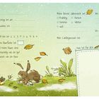 Zwei Vögel, ein Igel, eine Maus und ein Hase auf frühlingshafter Wiese mit fallenden Blättern. Texte zum Ausfüllen über Hobbys.