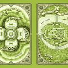 Links: "Schlafende Welt" mit Jahreszeiten. Rechts: "Königliches Hanguk" bei "Han-Fluss". Stilvoll ornamente Illustration.